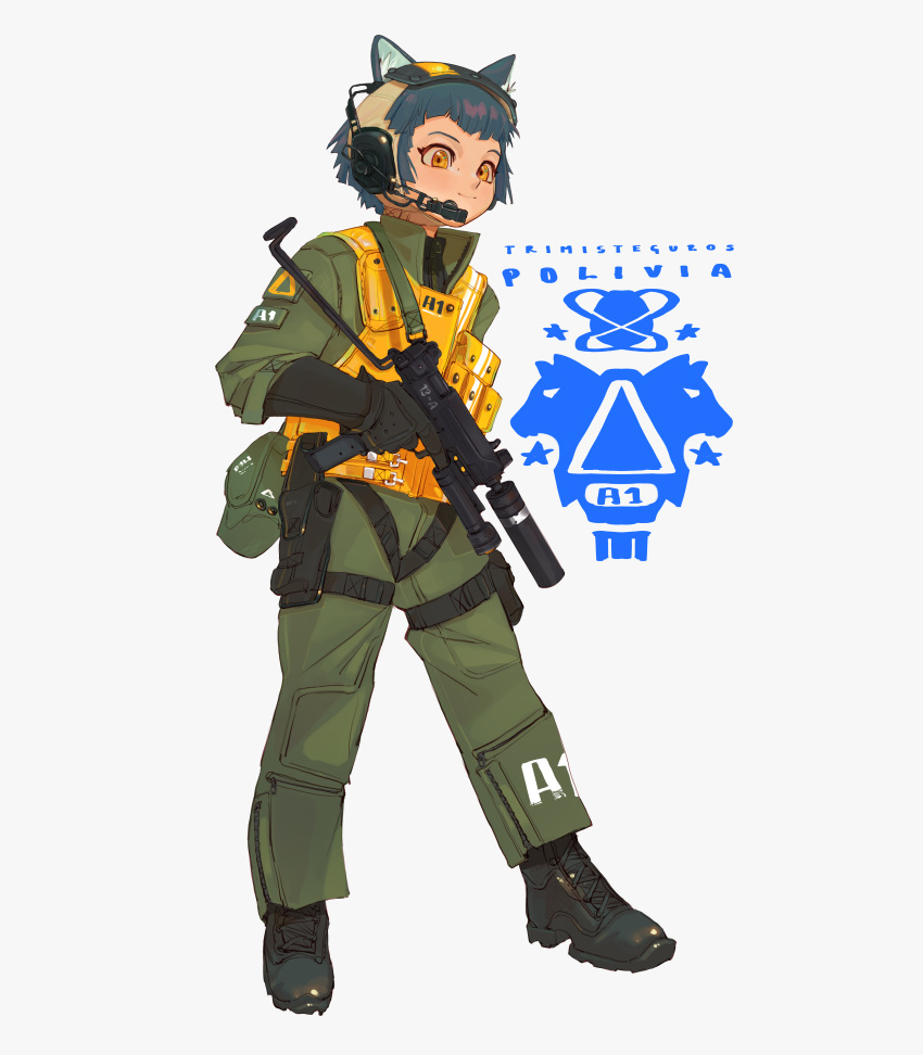1girl absurdres animal_ears black_footwear boots brown_hair bulletproof_vest cat_ears closed_mouth full_body green_jacket green_pants gun headphones headset highres holding holding_gun holding_weapon jacket microphone military military_uniform orange_eyes original pants polilla short_hair smile solo submachine_gun tactical_clothes trigger_discipline uniform vest weapon white_background