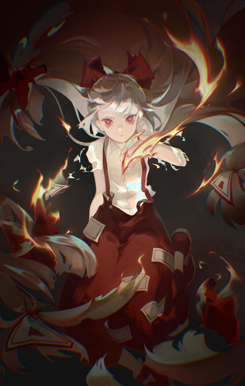 1girl absurdly_long_hair baggy_pants bangs bow bright_pupils chromatic_aberration closed_mouth collared_shirt dark_background fire fujiwara_no_mokou full_body hair_bow highres long_hair looking_at_viewer ofuda ofuda_on_clothes pants red_bow red_eyes red_footwear red_pants shirt shoes solo suspenders torn_clothes torn_sleeves touhou very_long_hair vignetting white_hair white_pupils white_shirt xunri