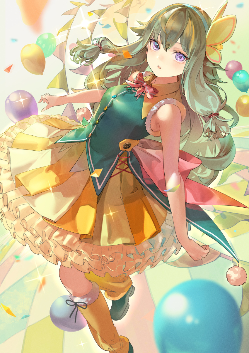 1girl aqua_hairband back_bow balloon bare_arms bow bowtie butterfly_hair_ornament checkered_floor commentary confetti dress dutch_angle frilled_skirt frills full_body fur-trimmed_vest green_footwear green_hair green_vest hair_ornament hairband highres kusanagi_nene leaning_back leg_warmers long_hair low-tied_long_hair nik_ibi pink_bow pink_bowtie pleated_skirt project_sekai shoes skirt solo sparkle string_of_flags vest yellow_dress yellow_leg_warmers