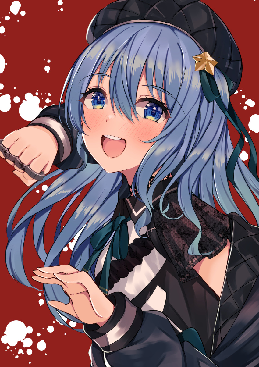 1girl :d absurdres beret blue_eyes blue_hair blush brass_knuckles hat highres hololive hoshimachi_suisei incoming_attack incoming_punch jacket jacket_partially_removed long_hair looking_at_viewer mi_taro333 official_alternate_costume open_mouth punching red_background smile solo star_(symbol) star_in_eye symbol_in_eye upper_body virtual_youtuber weapon