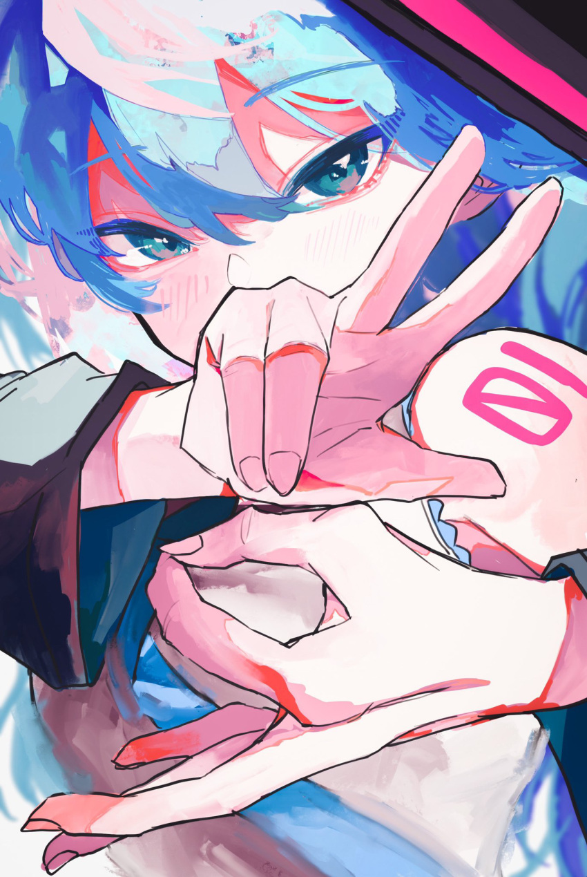 1girl 39 blue_eyes blue_hair blue_necktie blush close-up covering_mouth gesture hand_over_own_mouth hatsune_miku highres looking_at_viewer necktie portrait shirt shoulder_tattoo sion001250 sleeveless sleeveless_shirt solo tattoo twintails vocaloid white_shirt