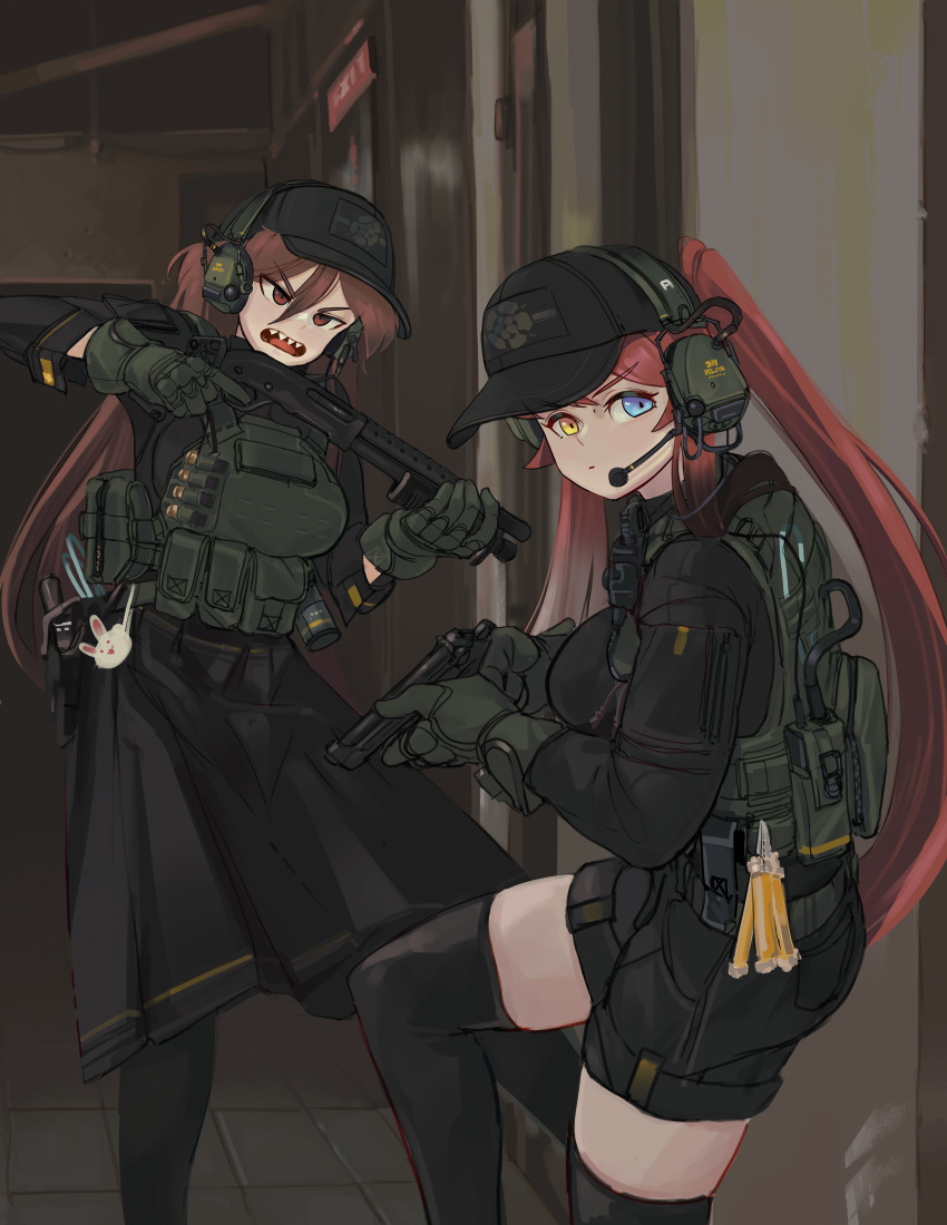 2girls absurdres bag_charm baseball_cap black_shorts black_thighhighs blue_eyes brown_eyes brown_hair bulletproof_vest charm_(object) closed_mouth from_side gloves green_gloves gun handgun hat headphones headset heterochromia highres holding holding_gun holding_weapon long_hair looking_at_viewer looking_to_the_side microphone military military_uniform multiple_girls open_mouth original police polilla ponytail pouch redhead sharp_teeth short_shorts shorts shotgun tactical_clothes teeth thigh-highs trigger_discipline uniform upper_teeth very_long_hair weapon yellow_eyes