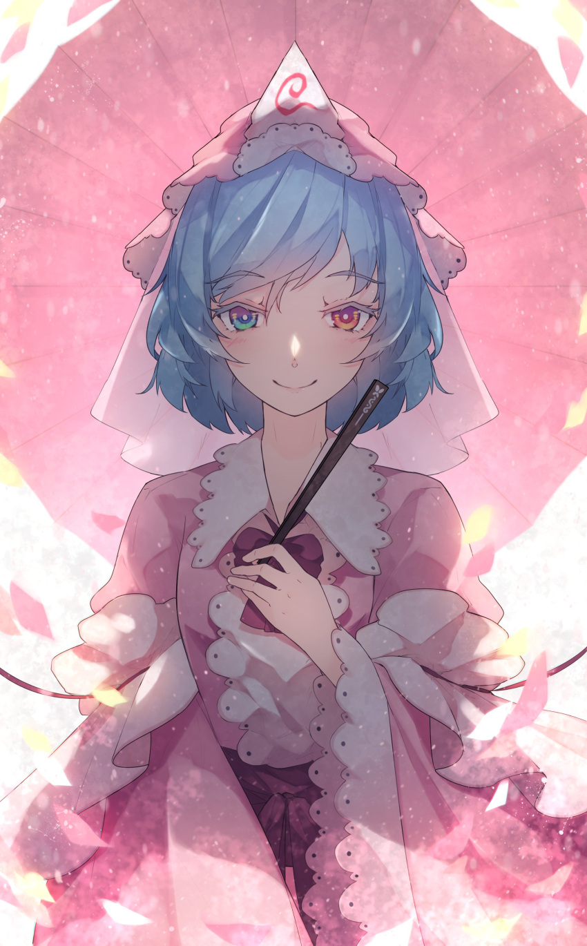 1girl absurdres alternate_color bangs belt blue_eyes blue_hair blush bow bowtie breasts cherry_blossoms chiroru_(cheese-roll) closed_mouth collared_dress cosplay dress frilled_kimono frills hair_between_eyes hand_fan hand_up hat heterochromia highres japanese_clothes juliet_sleeves kimono long_sleeves looking_at_viewer medium_breasts mob_cap oil-paper_umbrella petals pink_dress pink_headwear pink_kimono puffy_sleeves purple_belt purple_bow purple_bowtie red_eyes saigyouji_yuyuko saigyouji_yuyuko_(cosplay) short_hair simple_background smile solo straight-on tatara_kogasa touhou triangular_headpiece umbrella white_background wide_sleeves