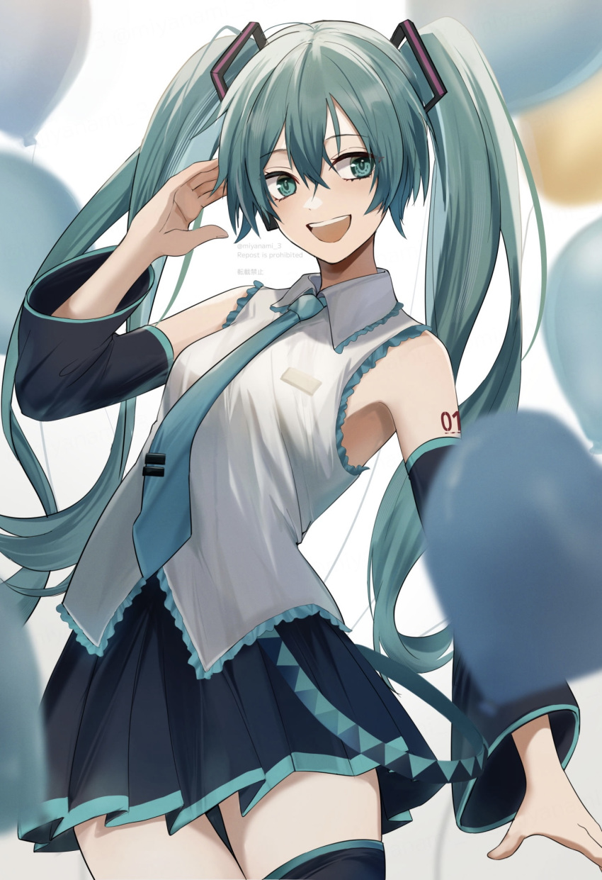 1girl aqua_eyes aqua_hair balloon bare_shoulders black_skirt black_sleeves blue_eyes blue_necktie breasts detached_sleeves grey_shirt hair_ornament hatsune_miku highres long_hair looking_at_viewer necktie noizu_(noi_hr) open_mouth pantyhose shirt skirt sleeveless sleeveless_shirt smile solo thigh-highs twintails very_long_hair vocaloid white_background zettai_ryouiki