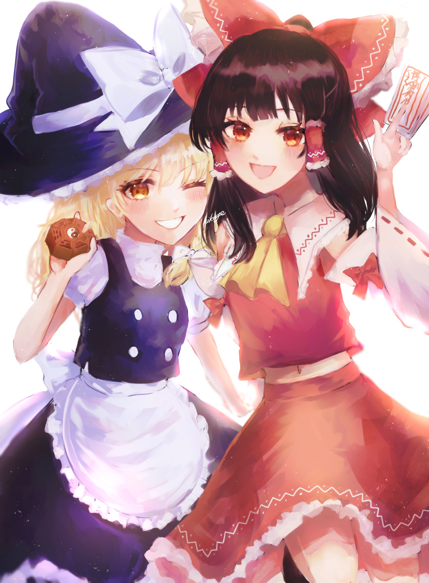 2girls :d ;d absurdres apron artist_name ascot black_hair black_headwear black_skirt black_vest blonde_hair blush bow collared_vest commentary detached_sleeves frilled_bow frilled_hair_tubes frills grin hair_between_eyes hair_bow hair_tubes hakurei_reimu hat hat_bow highres hikage_(0hi_kageo) holding kirisame_marisa looking_at_viewer mini-hakkero multiple_girls ofuda one_eye_closed open_mouth puffy_short_sleeves puffy_sleeves red_bow red_eyes red_skirt red_vest ribbon-trimmed_sleeves ribbon_trim shirt short_sleeves shoulder-to-shoulder sidelocks skirt skirt_set smile teeth touhou vest waist_apron white_apron white_bow white_shirt white_sleeves wide_sleeves witch_hat yellow_ascot yellow_eyes