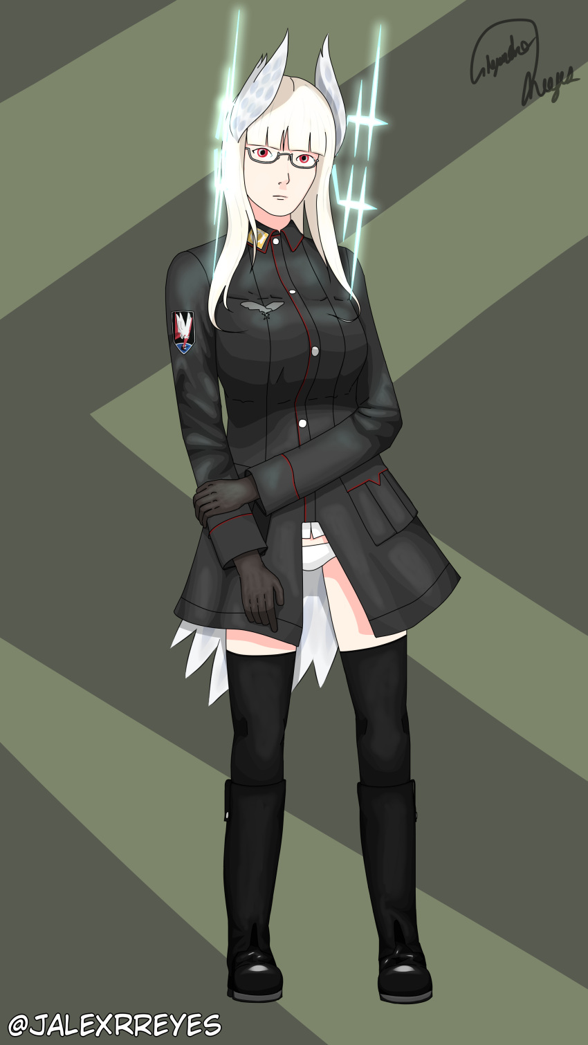 1girl absurdres alexrol05 bf_110 blonde_hair breasts closed_mouth commentary_request german_clothes germany gloves heidimarie_w._schnaufer highres karlsland large_breasts long_hair long_sleeves looking_at_viewer luftwaffe magic military military_uniform red_eyes simple_background solo standing strike_witches thigh-highs uniform white_hair witch world_witches_series