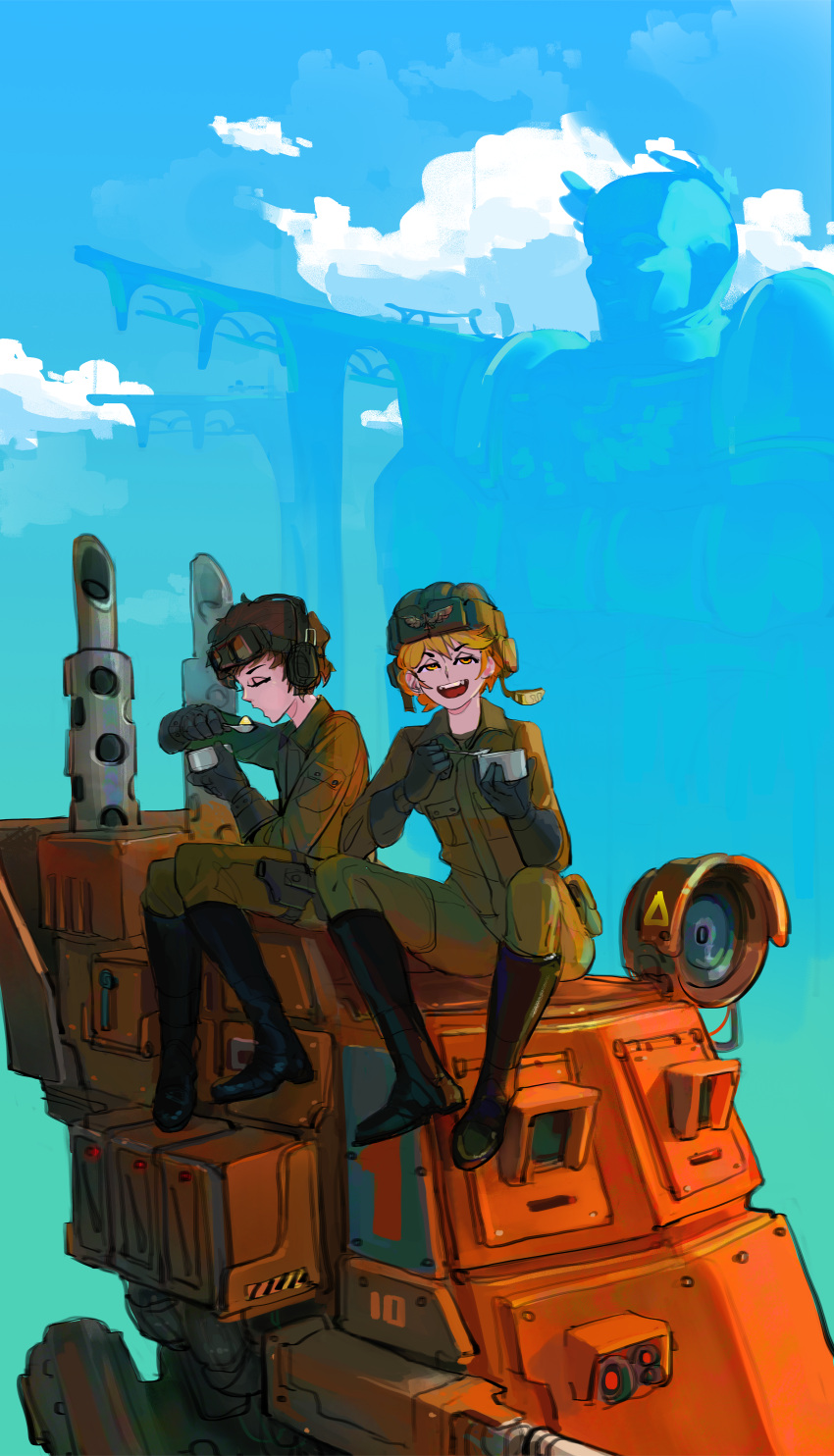 2girls :d absurdres astra_militarum black_footwear black_gloves black_pants blonde_hair boots brown_hair closed_eyes eating gloves goggles goggles_on_head green_jacket green_pants helmet highres jacket looking_at_viewer multiple_girls open_mouth pants polilla science_fiction short_hair sketch smile uniform warhammer_40k