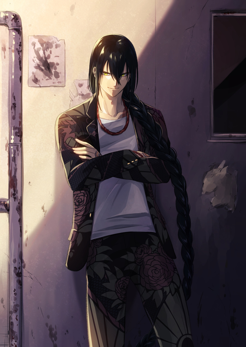 1boy absurdres ashiya_douman_(fate) black_hair black_jacket black_pants braid braided_ponytail closed_mouth collarbone crossed_arms fate/grand_order fate_(series) hair_between_eyes hair_over_shoulder highres jacket long_hair looking_at_viewer male_focus open_clothes open_jacket outdoors pants ponytail print_jacket print_pants shiny shiny_hair shirt solo very_long_hair white_shirt yellow_eyes yoi_(207342)