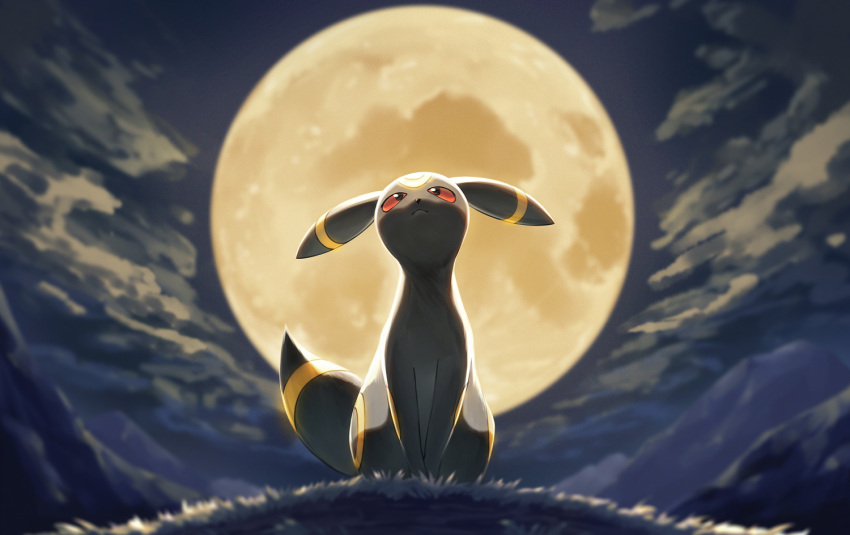 black_eyes bright_pupils clouds colored_sclera commentary_request from_below grass looking_up moon naoki_eguchi night no_humans orange_sclera outdoors pokemon pokemon_(creature) sitting sky solo umbreon white_pupils