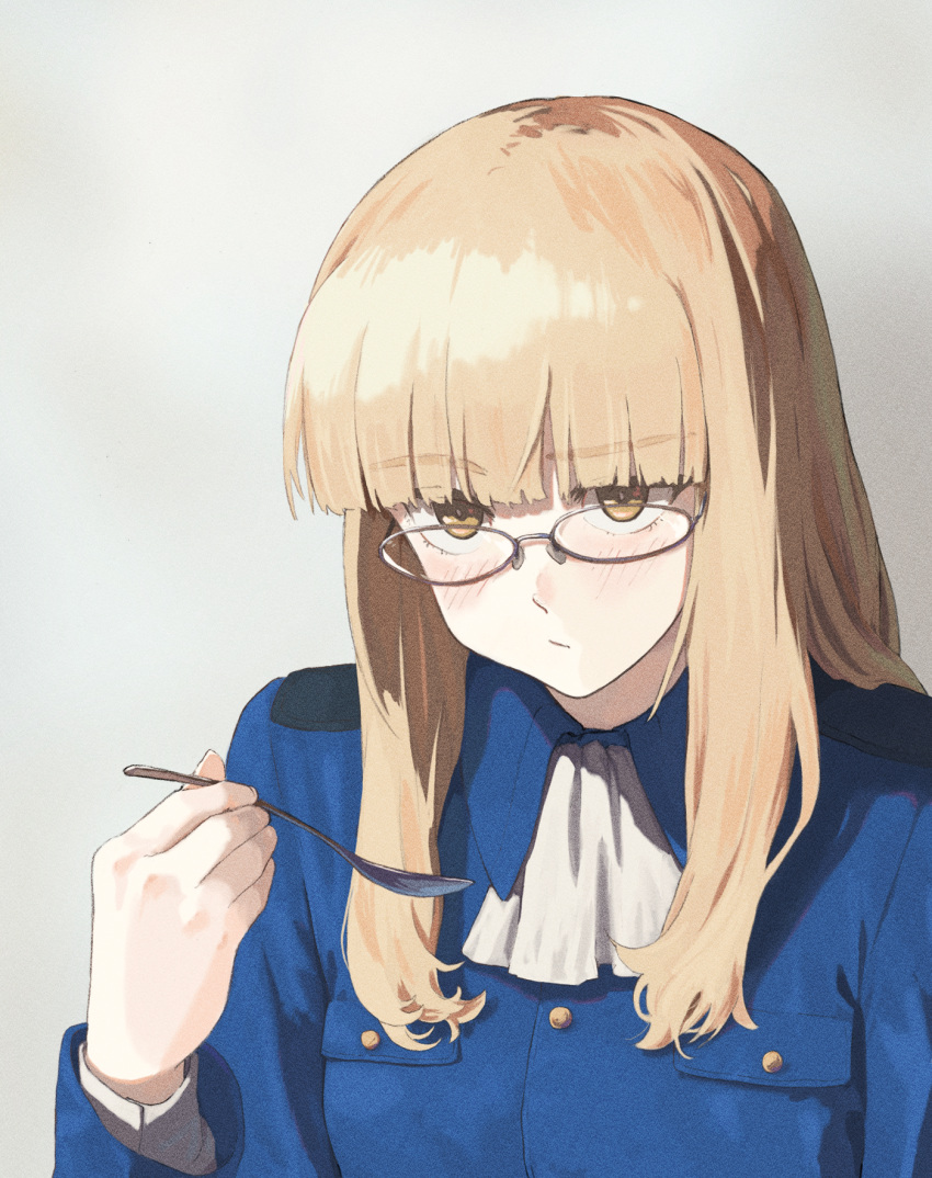 1girl :/ ascot bangs blonde_hair blue_jacket blunt_bangs blush brown-framed_eyewear buttons closed_mouth commentary_request epaulettes fingernails glasses grey_background hand_up highres holding holding_spoon jacket long_fingernails long_hair long_sleeves looking_away looking_over_eyewear military military_uniform neckerchief perrine_h._clostermann pocket raised_eyebrow shiratama_(hockey) sidelocks simple_background solo spoon strike_witches traditional_media uneven_eyes uniform upper_body white_ascot white_neckerchief wing_collar world_witches_series yellow_eyes
