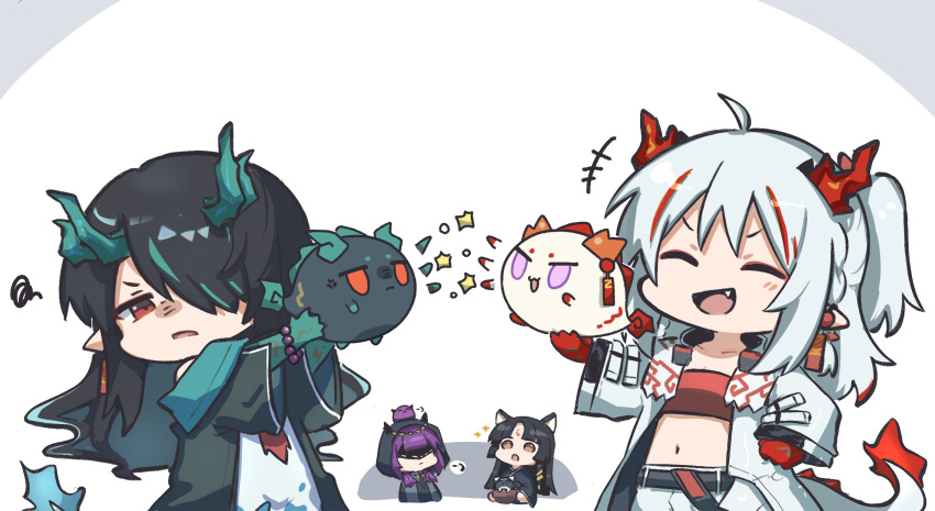+++ 4girls :d :o ^_^ ahoge anger_vein animal animal_ears animalization arknights arm_tattoo bead_bracelet beads belt black_belt black_hair black_jacket black_shirt bracelet chibi china_dress chinese_clothes closed_eyes colored_skin demon_horns dog_ears dragon_girl dragon_horns dragon_tail dress dusk_(arknights) earrings facial_mark fang flame-tipped_tail forehead_mark green_hair green_skin hair_over_one_eye hand_on_hip highres holding holding_animal hood hood_up hooded_jacket horns horns_through_hood jacket japanese_clothes jewelry jitome lava_(arknights) lava_the_purgatory_(arknights) long_sleeves mabing midriff multicolored_hair multiple_girls navel necktie nian_(arknights) official_alternate_costume open_mouth pants pointy_ears red_bandeau red_eyes red_necktie red_skin redhead saga_(arknights) shaded_face shirt siblings simple_background sisters smile squiggle streaked_hair tail tassel tassel_earrings tattoo violet_eyes white_background white_dress white_hair white_jacket white_pants wide_sleeves yellow_eyes