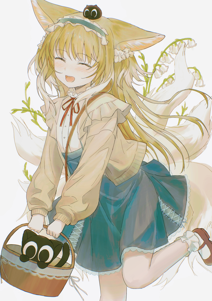 1girl :d ^_^ absurdres animal_ears animal_on_head arknights black_cape blonde_hair blue_hairband blue_skirt cape cardigan cat cat_on_head closed_eyes flower foot_out_of_frame fox_ears fox_girl fox_tail frilled_hairband frills hair_down hairband happy high-waist_skirt highres in_basket kitsune leg_up lily_of_the_valley long_hair long_sleeves luoxiaohei mugimaipiancha multicolored_hair multiple_tails name_connection official_alternate_costume on_head open_cardigan open_clothes open_mouth red_footwear shirt shoes simple_background skirt smile socks solo standing standing_on_one_leg streaked_hair suzuran_(arknights) suzuran_(spring_praise)_(arknights) tail the_legend_of_luo_xiaohei white_background white_hair white_shirt white_socks yellow_cardigan