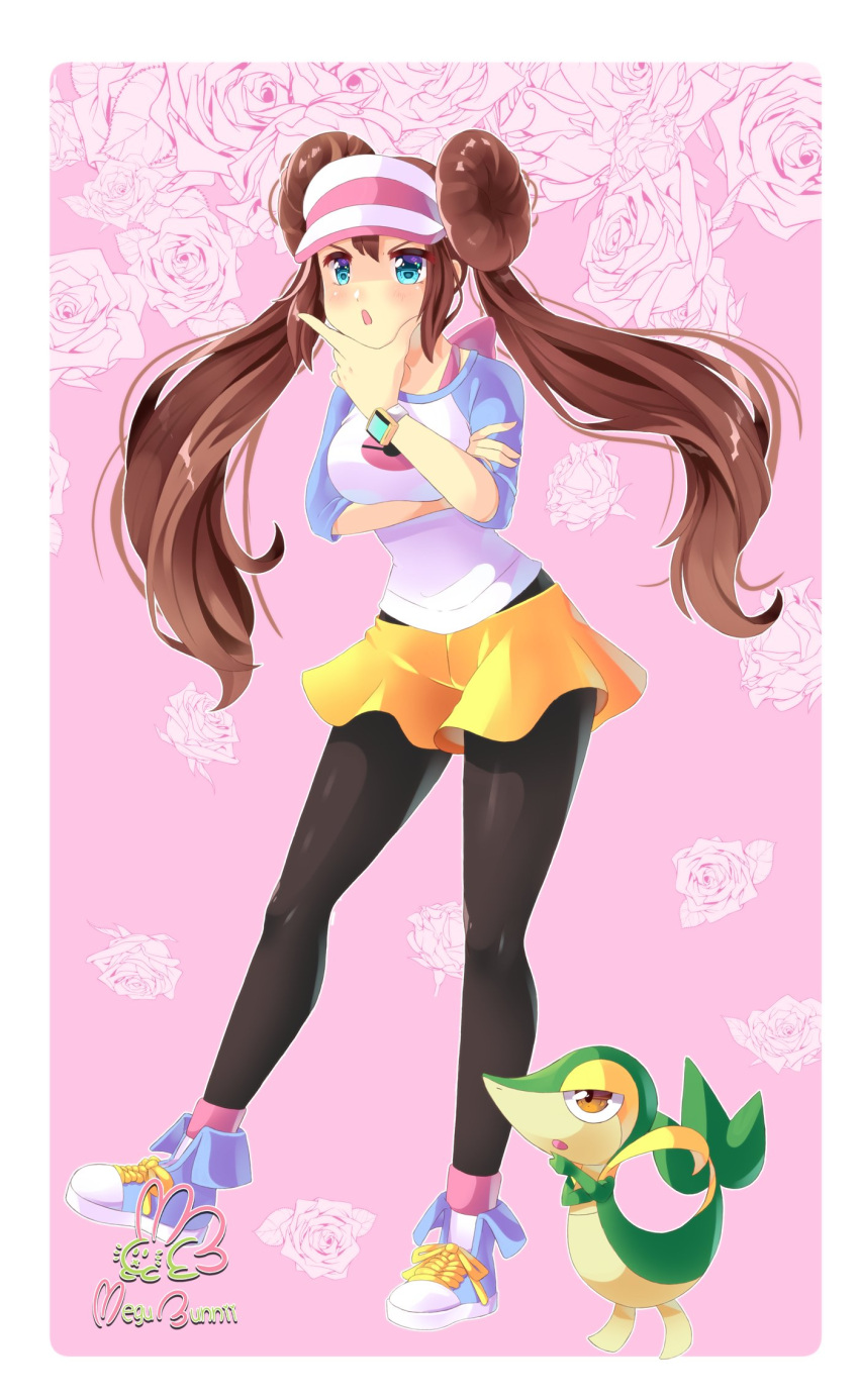 1girl blue_eyes breasts brown_eyes brown_hair double_bun full_body hair_bun hand_on_own_chin highres megubunn open_clothes pantyhose pink_background pokemon pokemon_(creature) pokemon_(game) pokemon_bw2 pokemon_masters_ex raglan_sleeves rosa_(pokemon) snivy v-shaped_eyebrows visor_cap