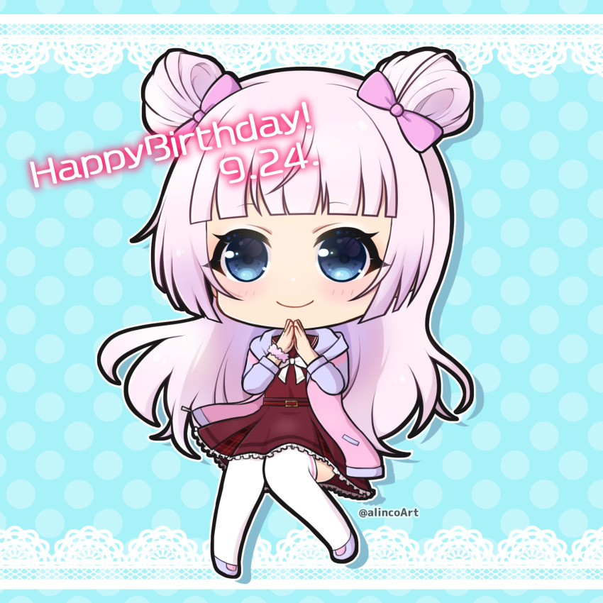 1girl arinko_(alincoart) assault_lily bangs blue_background blue_eyes blue_footwear blue_jacket blunt_bangs blush bow bowtie brown_sailor_collar chibi closed_mouth commentary dated double_bun drop_shadow frilled_skirt frills full_body hair_bow hair_bun hands_up happy_birthday highres hood hood_down hooded_jacket invisible_chair jacket kanba_girls_high_school_uniform knees_together_feet_apart lace_background long_hair long_sleeves looking_at_viewer miniskirt multicolored_clothes multicolored_jacket open_clothes open_jacket outline own_hands_together pink_bow pink_hair pink_jacket pink_scrunchie polka_dot polka_dot_background red_shirt red_skirt sailor_collar school_uniform scrunchie serafuku shirt shoes sitting skirt smile solo tanba_akari thigh-highs twitter_username very_long_hair white_bow white_bowtie white_outline white_thighhighs wrist_scrunchie