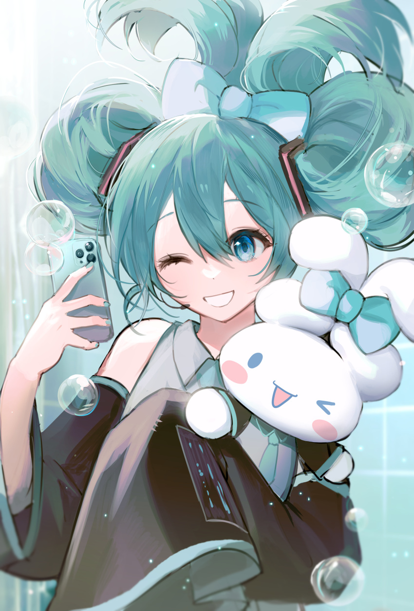 1girl :d absurdres aqua_hair aqua_nails aqua_vest bangs bathroom black_sleeves blue_bow blue_eyes bow bubble cellphone cinnamiku cinnamoroll collared_shirt crossover grey_shirt grin hair_between_eyes hair_bow hair_ornament hatsune_miku headset highres holding holding_phone indoors iphone_x long_sleeves matching_outfit nannaspad one_eye_closed open_mouth phone sanrio selfie shirt sleeves_past_wrists smartphone smile tied_ears updo upper_body vocaloid wide_sleeves