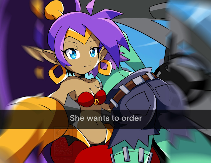 2girls blue_eyes bracelet circlet colored_skin datwondoude earrings green_skin harem_pants he_wants_to_order_(meme) highres hoop_earrings jewelry looking_at_viewer meme midriff multiple_girls pants ponytail purple_hair rottytops shantae shantae_(series) solo