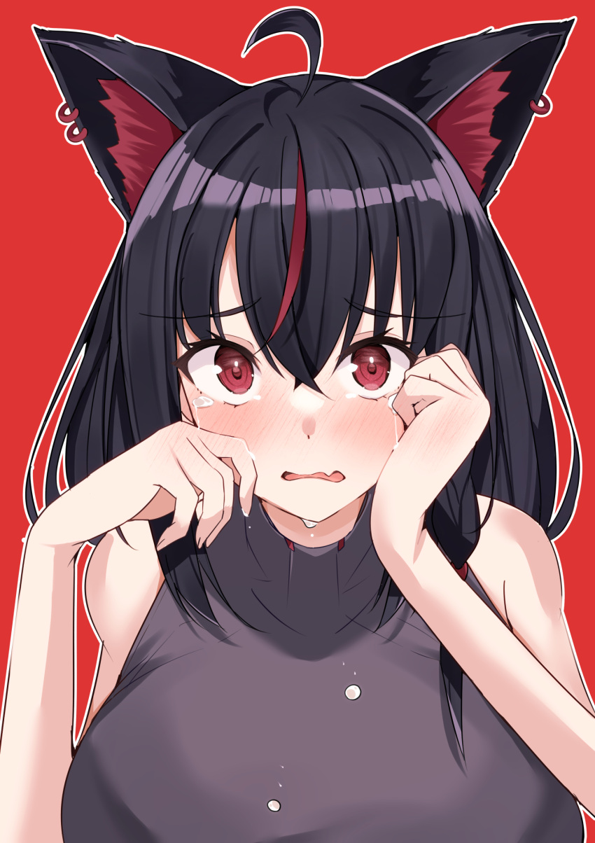 1girl ahoge animal_ears black_hair blush breasts crying crying_with_eyes_open earrings fox_ears highres hololive jewelry kurokami_fubuki large_breasts looking_at_viewer mi_taro333 multicolored_hair parted_lips red_background red_eyes redhead shirt simple_background sleeveless sleeveless_shirt solo streaked_hair tears virtual_youtuber