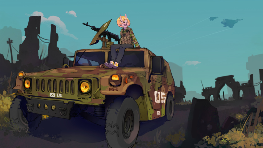 1girl :d absurdres aircraft airplane black_pants blonde_hair blue_sky closed_eyes commission day fighter_jet ground_vehicle gun highres horns humvee jet machine_gun military military_vehicle motor_vehicle oni_horns original outdoors pants polilla sharp_teeth shoes short_hair sky smile soldier teeth vest weapon wide_shot
