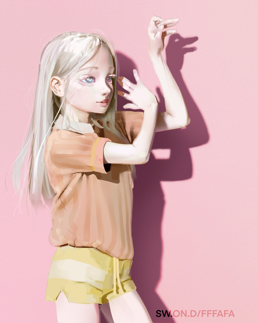 1girl absurdres albino artist_name child cowboy_shot female_child from_side grey_eyes hair_behind_ear hands_up highres long_hair looking_away orange_shirt original parted_lips pink_background shadow shirt short_shorts short_sleeves shorts simple_background solo standing straight_hair sweetonedollar white_hair yellow_shorts
