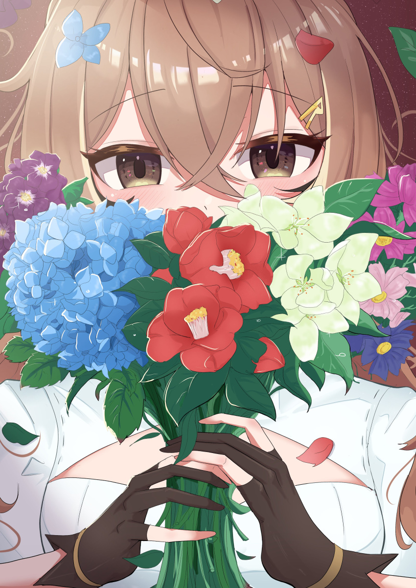 1girl absurdres ahoge bangs bouquet brown_eyes brown_hair cafelittle cleavage_cutout clothing_cutout falling_petals feather_hair_ornament feathers flower_request gloves hair_ornament hairclip highres holding holding_bouquet hololive hololive_english long_hair looking_at_viewer multicolored_hair nanashi_mumei partially_fingerless_gloves petals ponytail shirt streaked_hair very_long_hair virtual_youtuber white_shirt