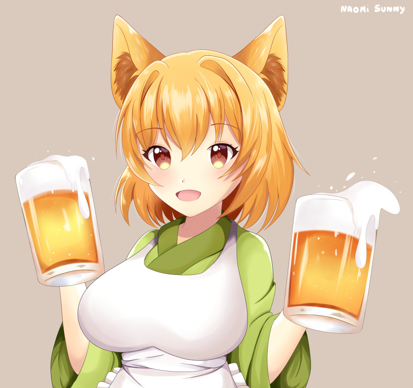 1girl absurdres animal_ears apron bangs beer_mug breasts brown_eyes brown_hair commission commissioner_upload cup fox_ears fox_girl hair_between_eyes highres japanese_clothes kimono kori_sanada_(fovoham_adventurers_guild) large_breasts long_sleeves mug naomisunny121 open_mouth original short_hair smile