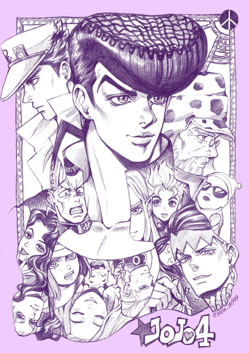 4girls 6+boys clenched_teeth closed_eyes closed_mouth collared_coat commentary_request copyright_name diamond_wa_kudakenai dollar_sign earrings facial_mark framed gakuran glasses hairband hat hazamada_toshikazu hazekura_mikitaka headband heart higashikata_josuke highres hirose_koichi holding holding_pen jewelry jojo_no_kimyou_na_bouken joseph_joestar joseph_joestar_(old) kawajiri_hayato keijin_(numb9_kai) kishibe_rohan kujo_jotaro long_hair looking_at_another looking_at_viewer looking_away looking_to_the_side monochrome multiple_boys multiple_girls nib_pen_(object) nijimura_keicho nijimura_okuyasu open_mouth peace_symbol pen pointy_ears pompadour purple_background purple_theme school_uniform shizuka_joestar short_hair smile star_(symbol) stud_earrings sugimoto_reimi sunglasses teeth tsuji_aya upper_body yamagishi_yukako yangu_shigekiyo yen_sign