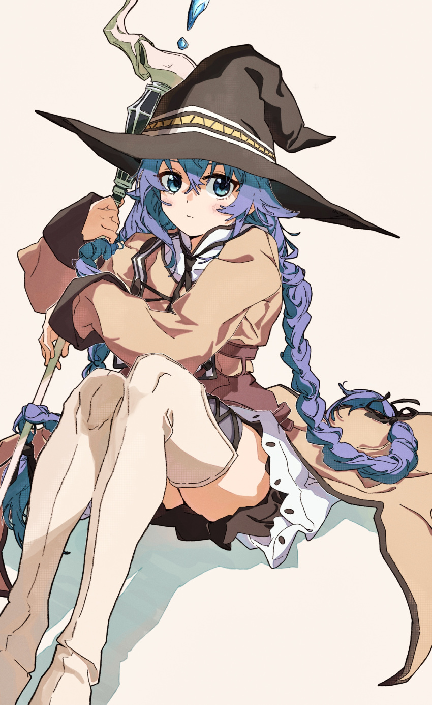 absurdres bangs black_dress black_headwear bloom_into_me15 blue_eyes blue_hair braid brown_cape cape crossed_bangs dress hair_between_eyes hat highres holding holding_staff long_braid long_hair long_sleeves mushoku_tensei roxy_migurdia sitting staff twin_braids white_background witch_hat