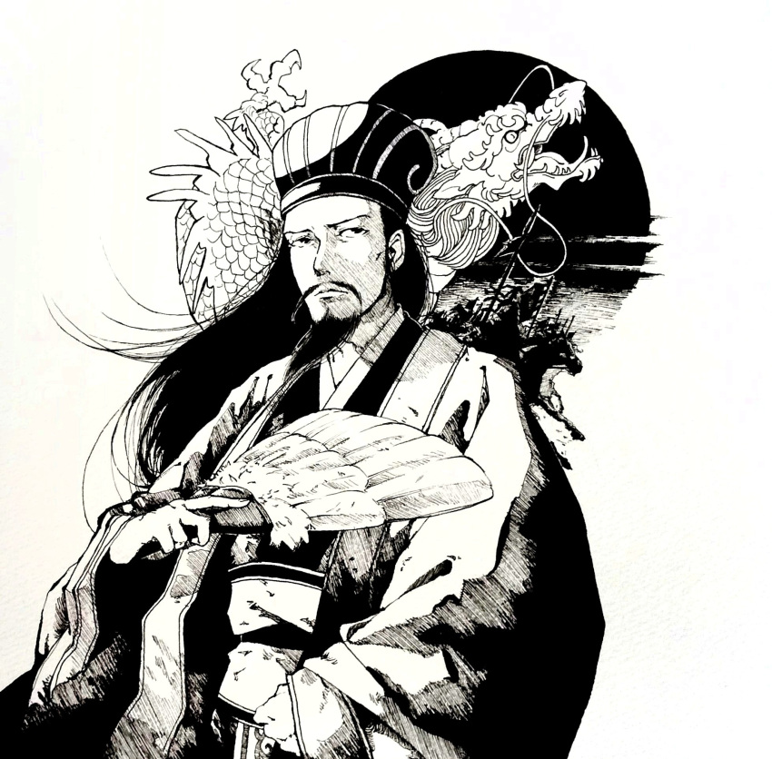 1boy beard black_hair chinese_clothes dragon eastern_dragon facial_hair feather_fan hand_fan highres long_hair long_sleeves looking_afar male_focus monochrome mustache romance_of_the_three_kingdoms simple_background solo teko_kijibato white_background wide_sleeves zhuge_liang