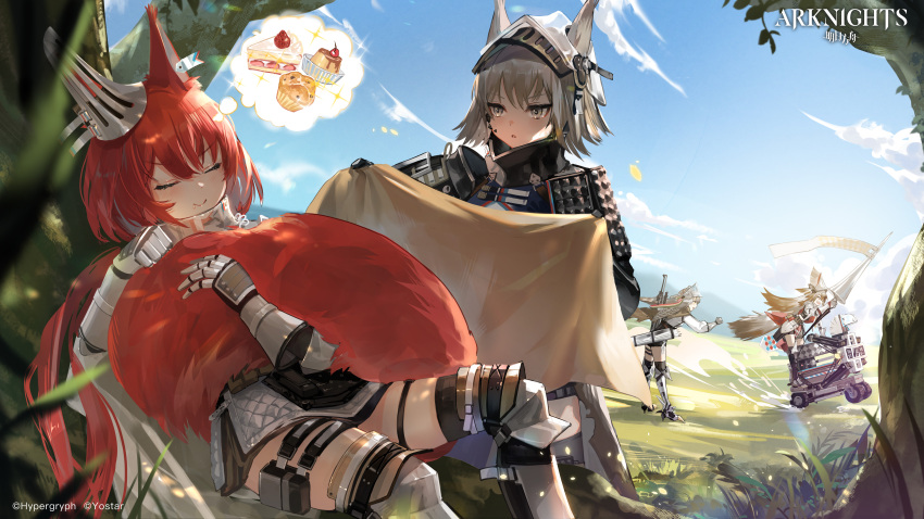 4girls absurdres animal_ears arknights armor ashlock_(arknights) black_shorts blanket cake cake_slice closed_eyes clouds cloudy_sky company_name copyright_name day ear_covers ear_tag ears_through_headwear fartooth_(arknights) feather_hair flametail_(arknights) food gauntlets grey_hair highres holding holding_blanket holding_polearm holding_weapon horse_ears horse_girl horse_tail hugging_own_tail justice_knight_(arknights) lance long_hair muffin multiple_girls nima_(niru54) outdoors polearm ponytail pudding redhead robot short_hair shorts sitting sky smile squirrel_ears squirrel_girl squirrel_tail tail thought_bubble visor_cap weapon wild_mane_(arknights) yellow_eyes