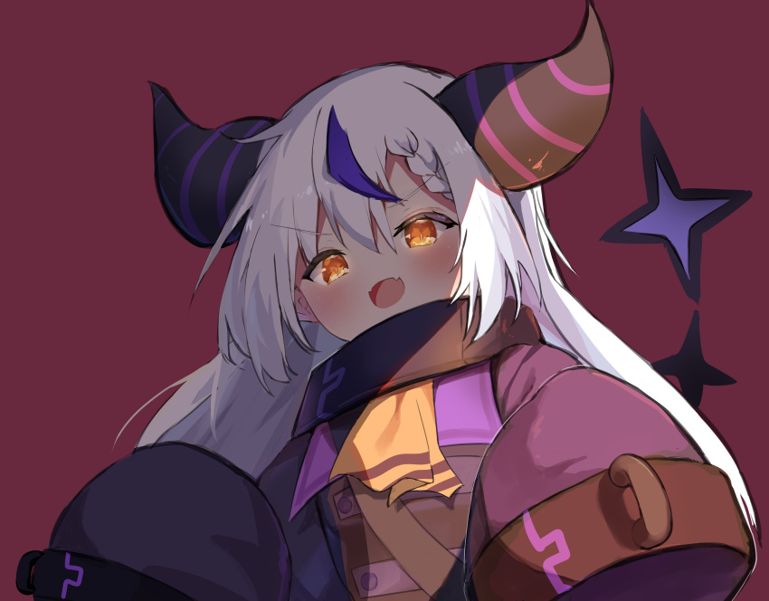 1girl 2022 absurdres ahoge bangs coat collar demon_girl demon_horns demon_tail fang hair_between_eyes highres hololive horns la+_darknesss long_hair long_sleeves looking_at_viewer multicolored_hair narucchii open_mouth purple_hair red_background shadow simple_background skin_fang sleeves_past_fingers sleeves_past_wrists smile solo streaked_hair striped_horns tail upper_body very_long_hair virtual_youtuber white_hair yellow_eyes