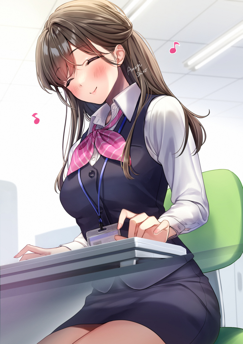 1girl amagi_shino artist_name bangs blush bow bowtie brown_hair chair closed_eyes closed_mouth collared_shirt eyelashes happy highres id_card indoors keyboard_(computer) long_hair long_sleeves music office office_chair office_lady on_chair original pencil_skirt pink_bow pink_bowtie receptionist_girl_(amagi_shino) shirt sidelocks signature singing sitting skirt smile solo striped striped_bow striped_bowtie thighs typing white_shirt