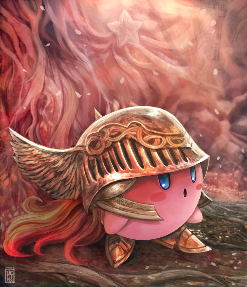 :o absurdres armor blue_eyes blush commentary cosplay crossover elden_ring english_commentary helmet highres kirby kirby_(series) long_hair malenia_blade_of_miquella malenia_blade_of_miquella_(cosplay) no_humans standing uchivstheworld winged_helmet