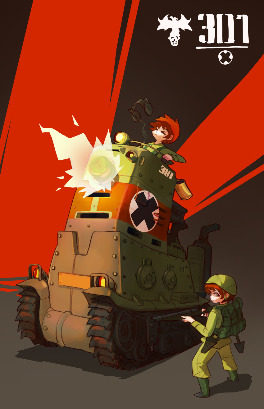 &gt;_&lt; 2girls absurdres backpack bag boots closed_eyes closed_mouth firing green_footwear green_jacket green_pants ground_vehicle gun headset helmet highres holding holding_gun holding_weapon jacket metal_slug military military_uniform military_vehicle motor_vehicle multiple_girls pants polilla redhead rifle short_hair tank uniform weapon