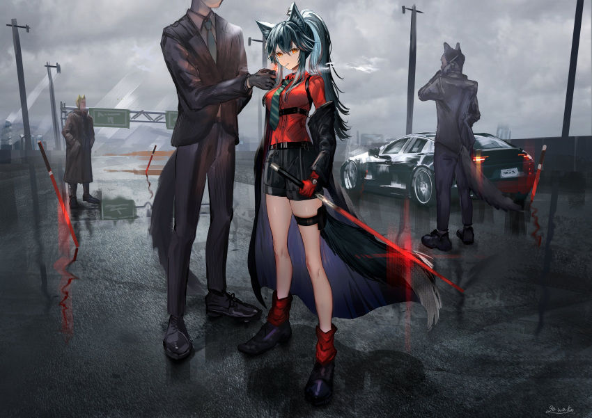 1girl 3boys absurdres animal_ears aqua_necktie arknights black_coat black_footwear black_hair black_jacket black_shorts black_suit boots breasts calling car coat collared_shirt commentary commentary_request formal full_body gloves grey_sky ground_vehicle hair_between_eyes hands_in_pockets highres highway holding holding_lighter holding_phone holding_sword holding_weapon jacket lamppost lighter long_hair long_sleeves looking_at_viewer loose_necktie medium_breasts motor_vehicle multiple_boys multiple_swords nanaponi necktie off_shoulder official_alternate_costume open_clothes open_jacket out_of_frame outdoors phone planted planted_sword ponytail red_eyes red_gloves red_shirt red_socks road road_sign shirt shirt_tucked_in shoes shorts sidelocks sign socks solo_focus striped_necktie suit sword tail texas_(arknights) texas_(willpower)_(arknights) thigh_strap thighs watch watch weapon white_shirt wolf_boy wolf_ears wolf_girl wolf_tail
