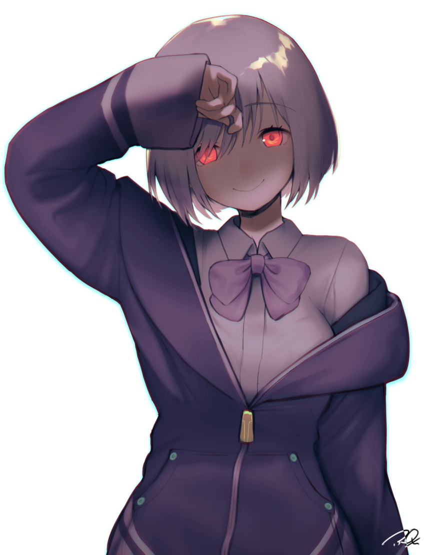 1girl arm_up bangs bow bowtie chromatic_aberration closed_mouth collared_shirt gridman_universe hair_between_eyes highres jacket light_purple_hair long_sleeves puchiman purple_bow purple_bowtie purple_jacket red_eyes red_pupils shinjou_akane shirt short_hair simple_background sleeves_past_wrists smile solo ssss.gridman white_background white_shirt zipper_pull_tab