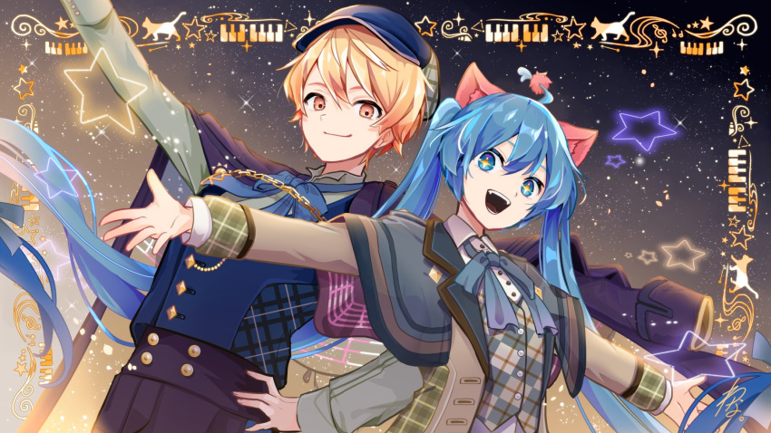 +_+ 1boy 1girl :d ahoge animal_ears arm_up blonde_hair blue_bow blue_bowtie blue_capelet blue_eyes blue_hair blue_headwear blue_pants blue_shirt bow bowtie buttons cabbie_hat cape capelet cat cat_ears closed_mouth commentary diamond_button double-breasted fangs gradient_cape grey_vest hair_ornament hand_on_hip hat hatsune_miku highres long_hair looking_at_viewer night night_sky official_art open_mouth outstretched_arms pants piano_keys plaid plaid_shirt plaid_vest pointing pom_pom_(clothes) pom_pom_hair_ornament project_sekai second-party_source shirt sky smile star_(sky) star_(symbol) starry_sky tenma_tsukasa two-sided_cape two-sided_fabric upper_body very_long_hair vest vocaloid wanaxtuco white_shirt wonderlands_x_showtime_(project_sekai) yellow_eyes