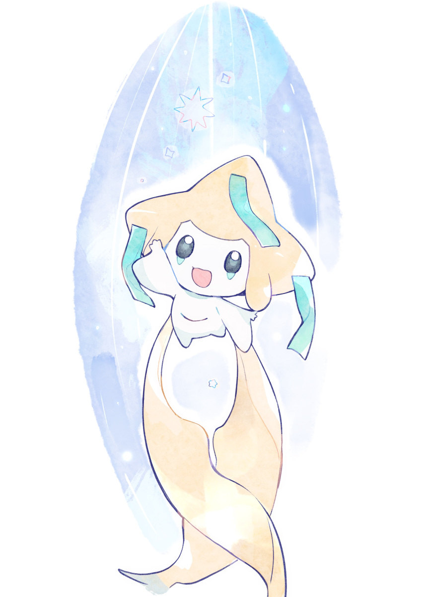 :d absurdres arm_up commentary green_ribbon happy highres jirachi looking_up no_humans open_mouth outstretched_arm pokemon_(creature) ribbon smile solo symbol-only_commentary toukashi_(2tou9)