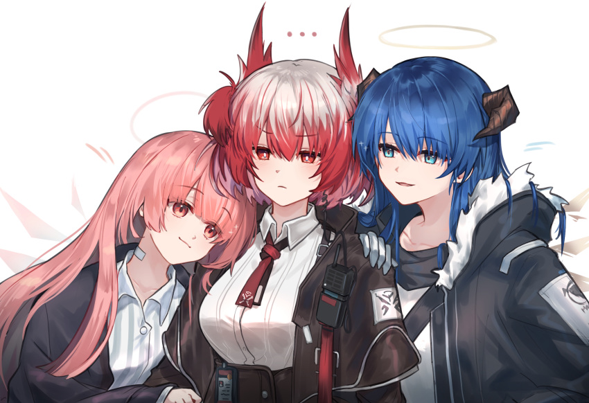 ... 3girls animal_ears arknights bird_ears black_jacket blue_eyes blue_hair breasts bright_pupils collared_shirt commentary_request detached_wings energy_wings fiammetta_(arknights) frown fur-trimmed_hood fur_trim gloves grey_gloves hair_between_eyes halo hand_on_another's_shoulder highres hood hood_down hooded_jacket jacket lemuen_(arknights) long_hair long_sleeves mabing medium_breasts mostima_(arknights) multiple_girls necktie open_clothes open_jacket parted_lips pink_hair red_eyes red_necktie redhead shirt short_hair short_necktie simple_background smile striped striped_shirt white_background white_pupils white_shirt wings