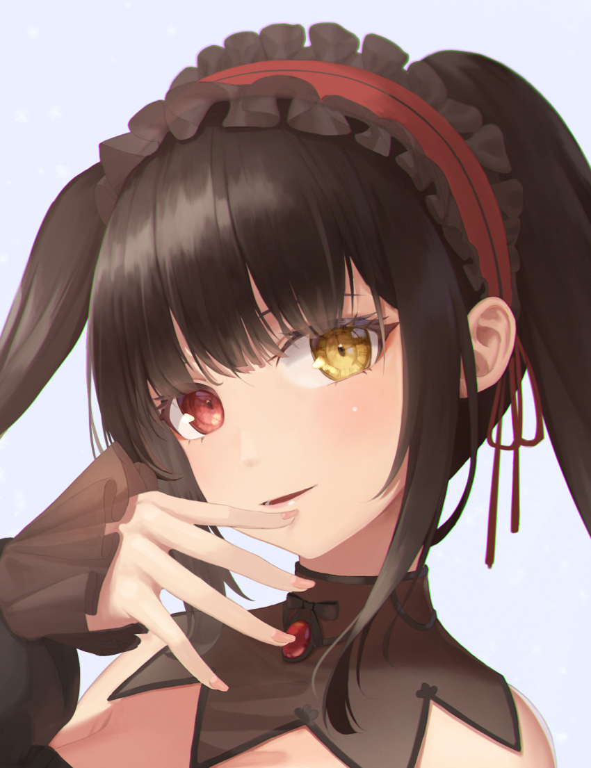 1girl black_bow black_choker black_hair bow choker clock_eyes date_a_live floating_hair frilled_hairband frills gem grey_background hairband heterochromia highres long_hair long_sleeves looking_at_viewer mrotan open_mouth portrait red_eyes red_gemstone red_hairband red_ribbon ribbon shiny shiny_hair simple_background sleeves_past_wrists solo symbol-shaped_pupils tokisaki_kurumi twintails white_background yellow_eyes