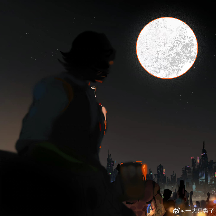 2boys artist_request crowd cup cyberpunk_(series) cyberpunk_edgerunners falco_(cyberpunk_edgerunners) full_moon highres holding holding_cup looking_up moon multiple_boys night night_sky outdoors shirt short_hair sky star_(sky) starry_sky vest weibo_username white_shirt