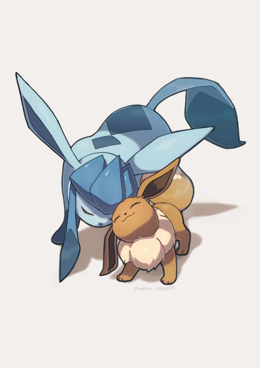 affectionate closed_eyes closed_mouth commentary_request cuddling eevee glaceon head_back highres nako_(nekono_shippo75) no_humans pokemon pokemon_(creature) smile standing white_background