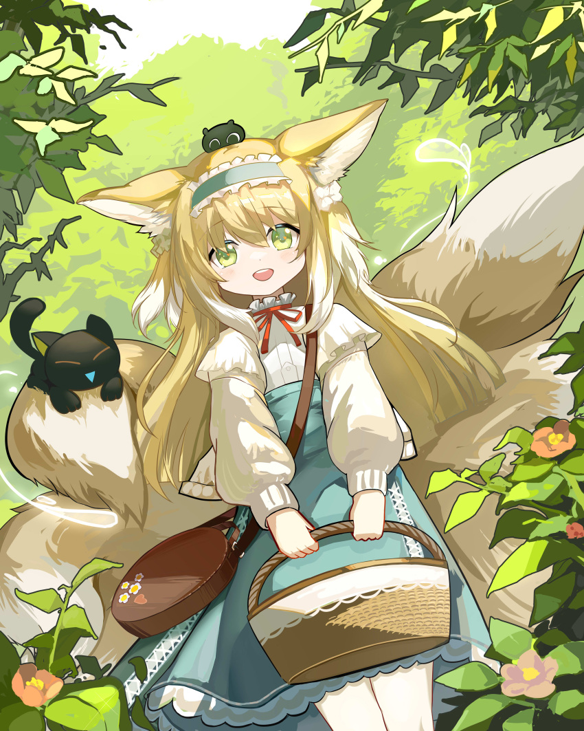 1girl :d absurdres animal animal_ear_fluff animal_ears arknights bag bangs basket black0322 black_cat blue_hairband blue_skirt cat closed_eyes commentary_request crossover day fox_ears fox_girl fox_tail frilled_hairband frills green_eyes hair_between_eyes hairband heixiu high-waist_skirt highres holding holding_basket jacket kitsune long_sleeves looking_at_viewer luoxiaohei neck_ribbon on_head open_clothes open_jacket outdoors pantyhose puffy_long_sleeves puffy_sleeves red_ribbon ribbon shirt shoulder_bag skirt smile solo suzuran_(arknights) suzuran_(spring_praise)_(arknights) tail teeth the_legend_of_luo_xiaohei upper_teeth white_jacket white_pantyhose white_shirt