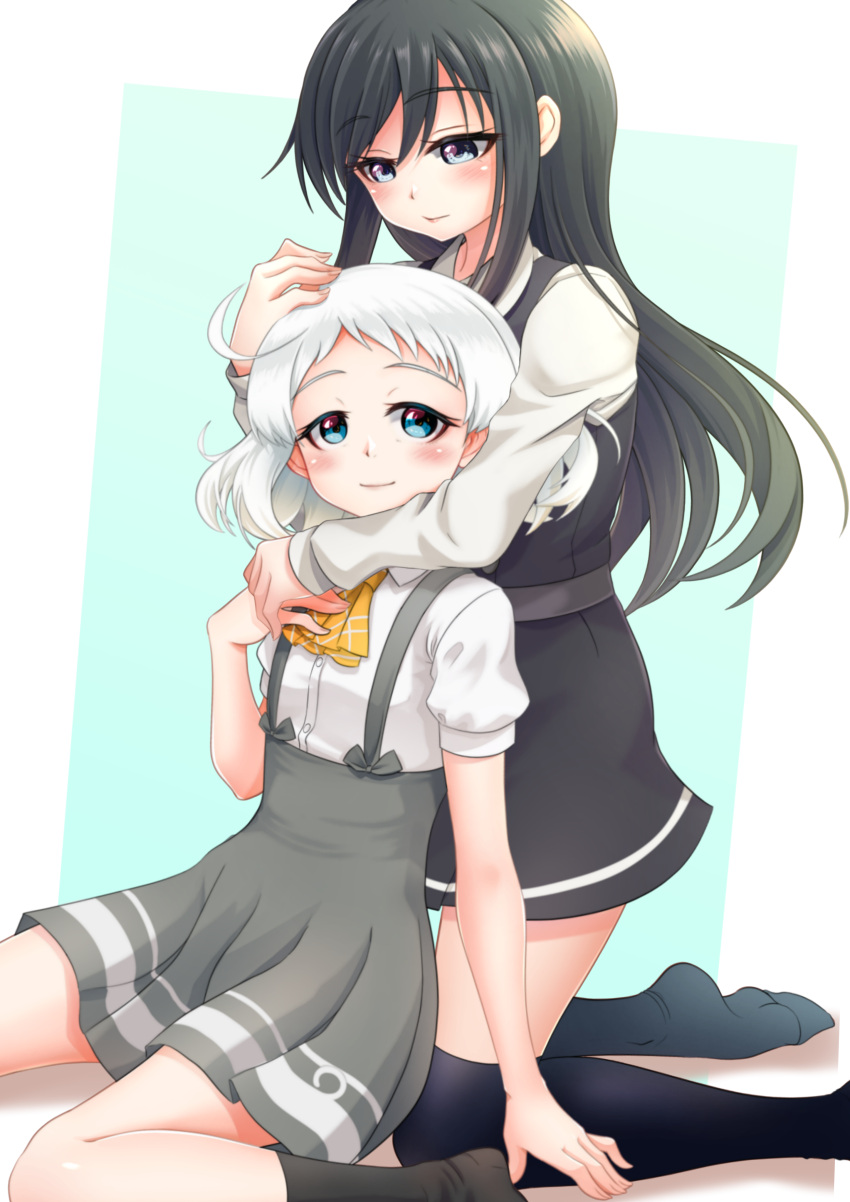 2girls absurdres asashio_(kancolle) asashio_kai_ni_(kancolle) ascot black_hair black_socks blue_eyes commentary_request dress grey_skirt highres hug hug_from_behind kantai_collection kneeling long_hair long_sleeves looking_at_viewer makura_(y_makura) multiple_girls natsugumo_(kancolle) neck_ribbon orange_ascot pinafore_dress pleated_skirt red_ribbon ribbon shirt short_hair sitting skirt socks suspender_skirt suspenders white_hair white_shirt