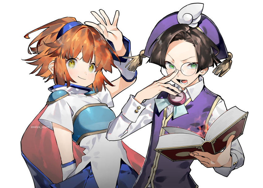 1boy 1girl arle_nadja armor book brown_hair cape chest_guard clock closed_mouth collared_shirt detached_sleeves glasses green_eyes hat highres holding holding_book klug_(puyopuyo) open_mouth orange_eyes pauldrons puyopuyo seiya_ingen shirt shoulder_armor simple_background smile voice_actor_connection white_background white_shirt yellow_eyes