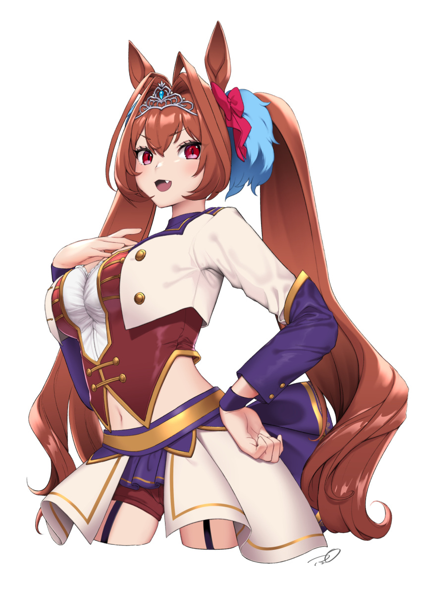 1girl :d animal_ears bangs bow breasts brown_hair cropped_legs daiwa_scarlet_(umamusume) eyes_visible_through_hair fang garter_straps hair_bow hair_intakes hand_up highres horse_ears large_breasts legs_apart long_hair navel overskirt pink_bow puchiman red_eyes red_shorts shorts simple_background smile solo tiara twintails umamusume v-shaped_eyebrows very_long_hair white_background