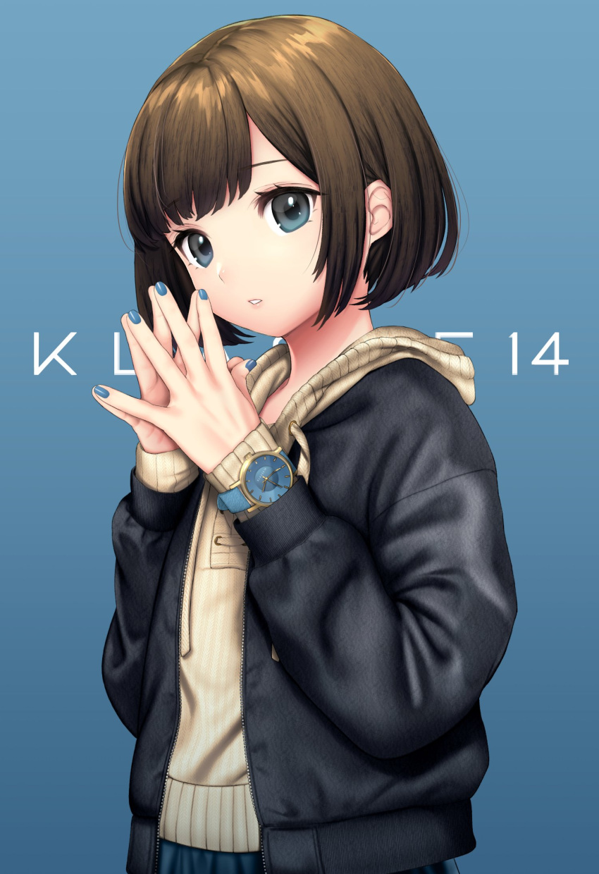 1girl bangs black_jacket blue_background blue_eyes blue_nails bob_cut brown_hair drawstring fingernails gradient gradient_background hands_up highres hood hood_down jacket klasse14 long_sleeves nail_polish open_clothes open_jacket parted_lips puchiman short_hair sleeves_past_wrists solo swept_bangs watch watch zipper