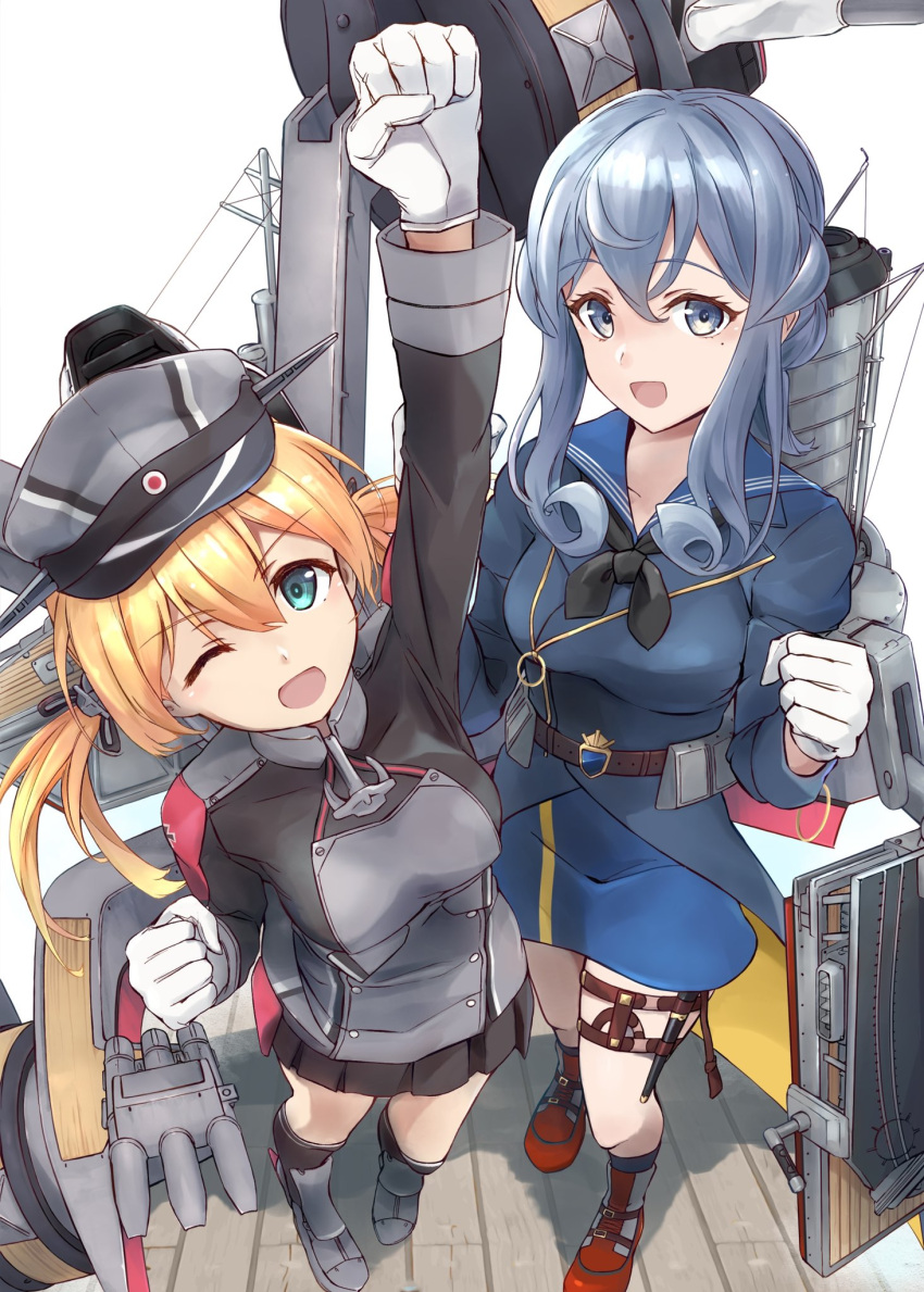 2girls adapted_turret anchor_hair_ornament aqua_eyes black_neckerchief black_skirt blonde_hair blue_eyes blue_hair blue_sailor_collar blue_skirt cannon cross gloves gotland_(kancolle) hair_bun hair_ornament half_gloves hat highres iron_cross kantai_collection long_hair looking_at_viewer low_twintails machinery microskirt military military_hat military_uniform minosu mole mole_under_eye multiple_girls neckerchief one_eye_closed peaked_cap pleated_skirt prinz_eugen_(kancolle) raised_fist sailor_collar single_hair_bun skirt smokestack standing turret twintails uniform white_gloves