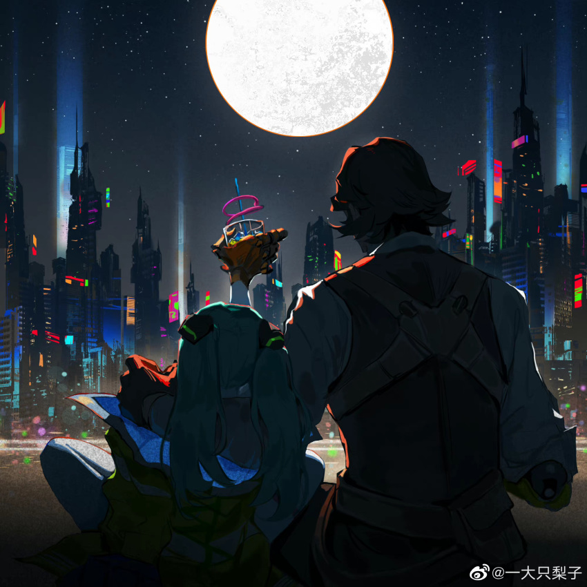 1boy 1girl artist_request black_vest brown_hair cyberpunk_(series) cyberpunk_edgerunners falco_(cyberpunk_edgerunners) full_moon green_hair hand_on_another's_shoulder highres jacket long_hair mechanical_arms mechanical_hands moon night outdoors petite rebecca_(cyberpunk_edgerunners) samurai_jacket_(cyberpunk_2077) shirt short_hair single_mechanical_arm single_mechanical_hand sitting sky star_(sky) stargazing starry_sky toast_(gesture) twintails vest white_shirt yellow_jacket