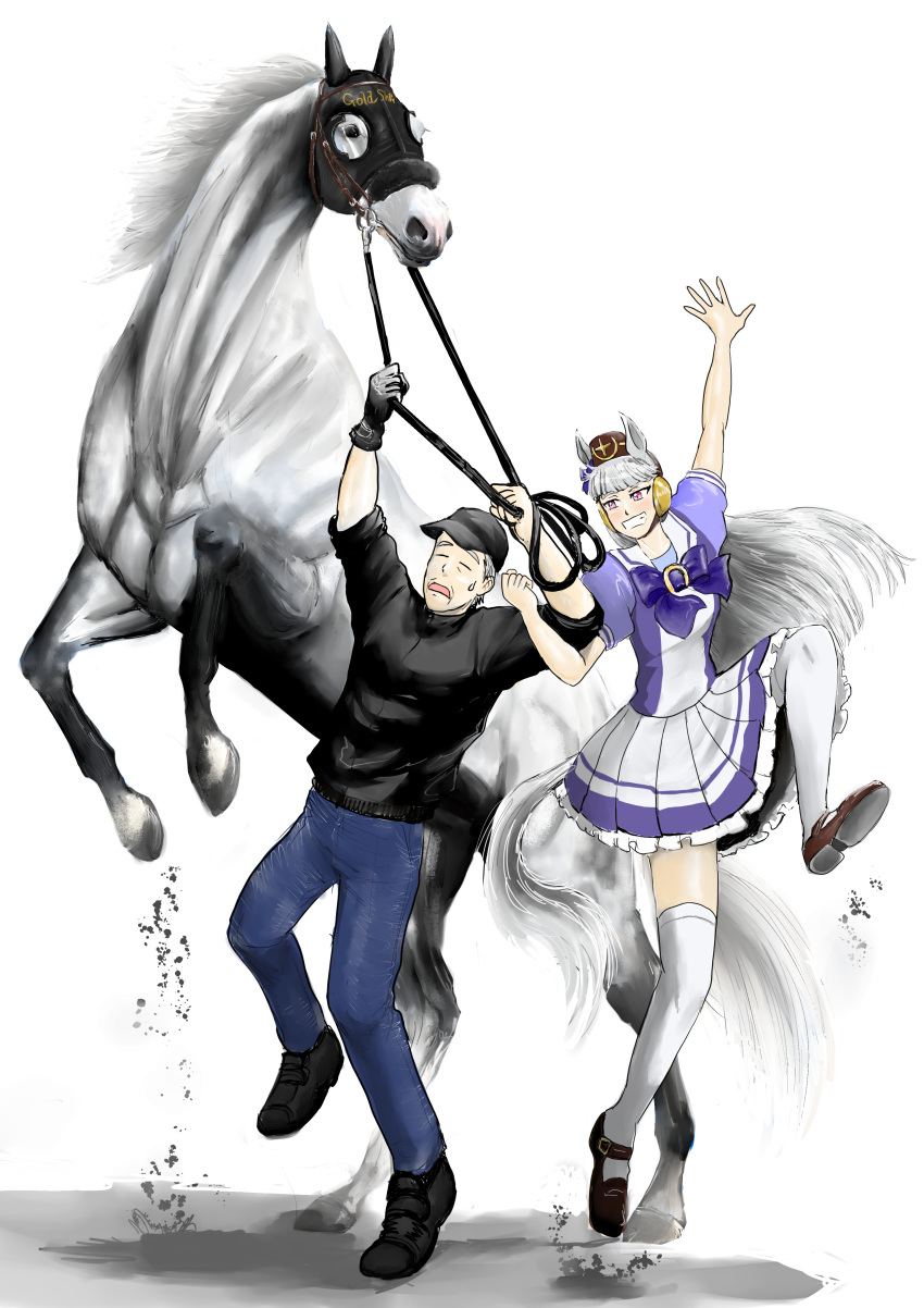 1boy 1girl absurdres animal_ears bangs baseball_cap black_shirt blunt_bangs bow bowtie bridle closed_eyes commentary_request creature_and_personification ear_bow frilled_skirt frills gold_ship_(racehorse) gold_ship_(umamusume) grey_hair hat headgear highres holding holding_reins hood horse_ears horse_girl horse_tail horseshoe_ornament imanami_takatoshi iwasaki_tadakaze loafers old old_man pillbox_hat pleated_skirt puffy_short_sleeves puffy_sleeves purple_bow purple_bowtie purple_shirt real_life rearing reins sailor_collar sailor_shirt school_uniform shirt shoes short_sleeves skirt summer_uniform sweatdrop tail thigh-highs tracen_school_uniform umamusume violet_eyes white_background white_sailor_collar white_skirt white_thighhighs
