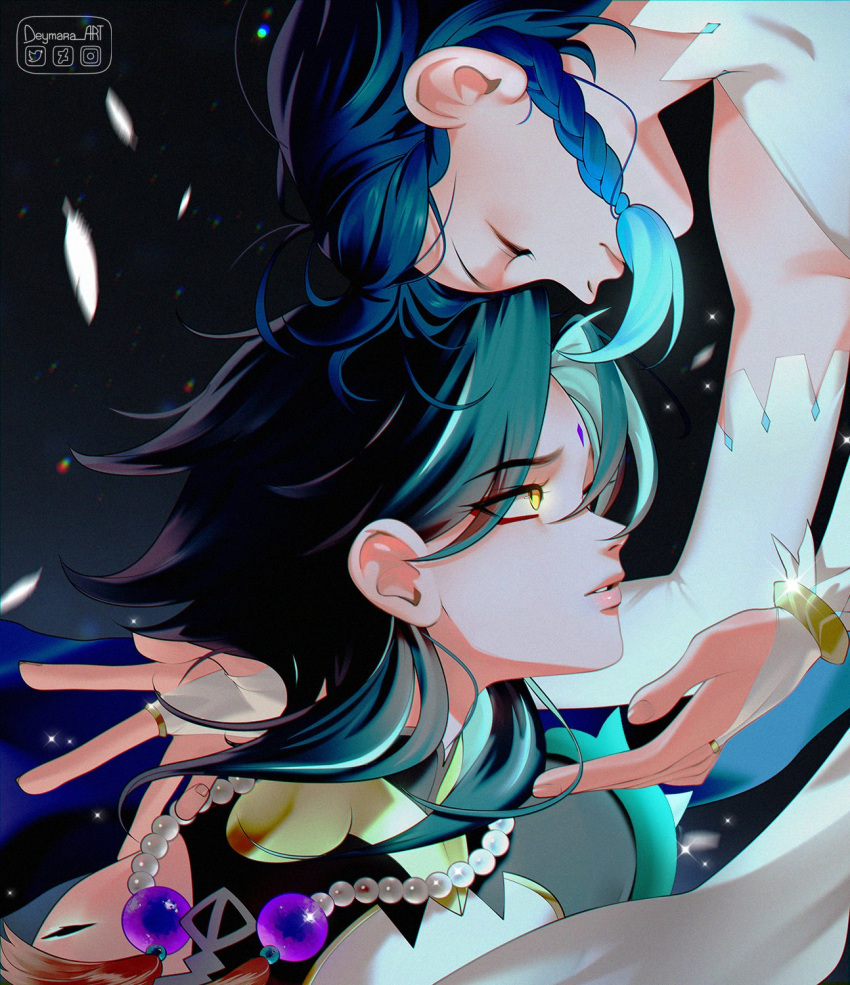 2boys androgynous aqua_hair bangs bard bead_necklace beads bishounen black_hair blue_hair braid closed_eyes closed_mouth commentary detached_sleeves deymara face-to-face facial_mark forehead_mark genshin_impact gradient_hair green_hair highres jewelry long_hair male_focus multicolored_hair multiple_boys necklace open_mouth short_hair_with_long_locks signature simple_background smile teeth twin_braids venti_(genshin_impact) xiao_(genshin_impact) yellow_eyes